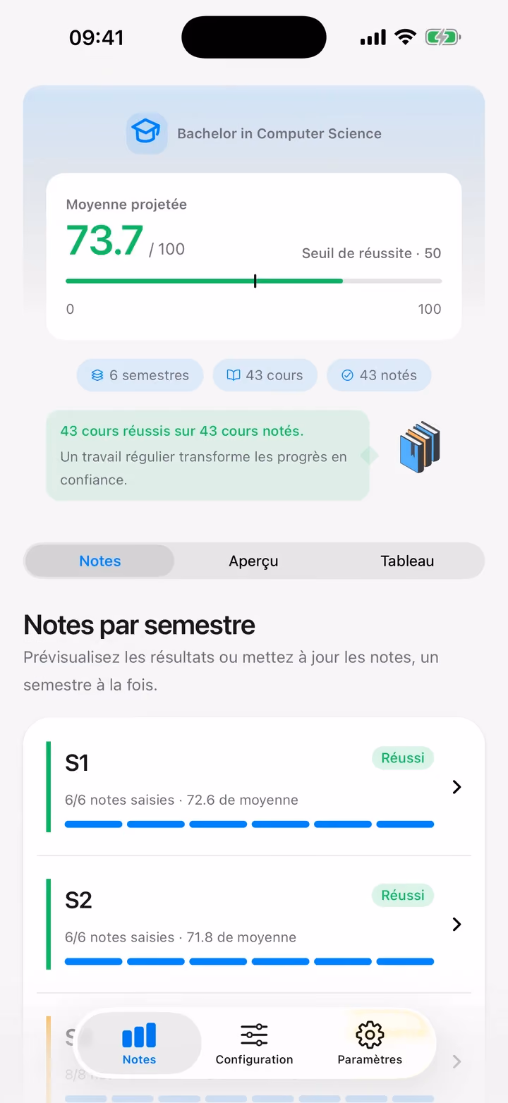 L'onglet Notes avec une moyenne projetée de 73,7 sur 100 et les semestres S1 et S2 réussis