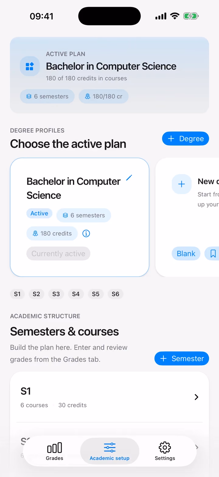The Academic setup screen with the Bachelor in Computer Science plan active and its semesters S1 to S6