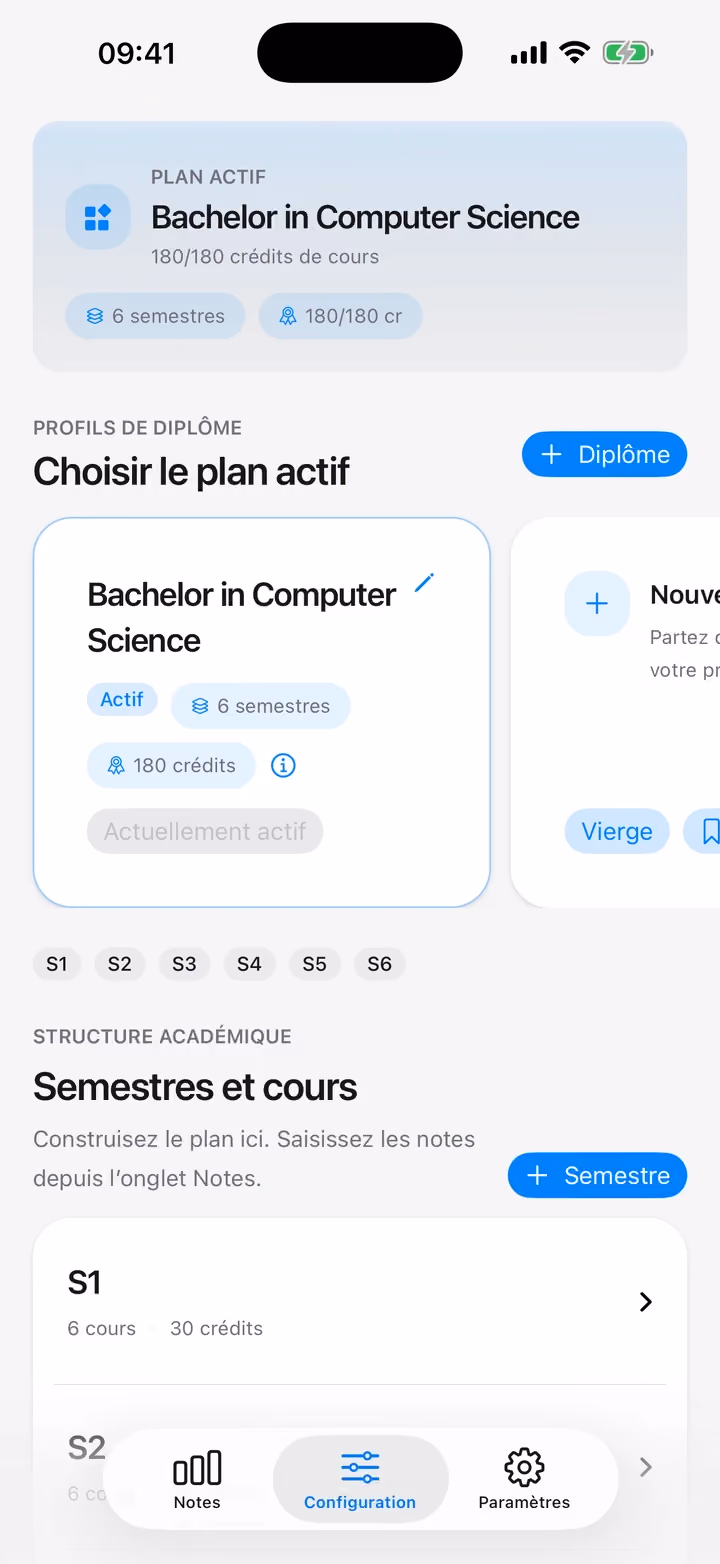 L'écran Configuration avec le plan Bachelor in Computer Science actif et ses semestres S1 à S6
